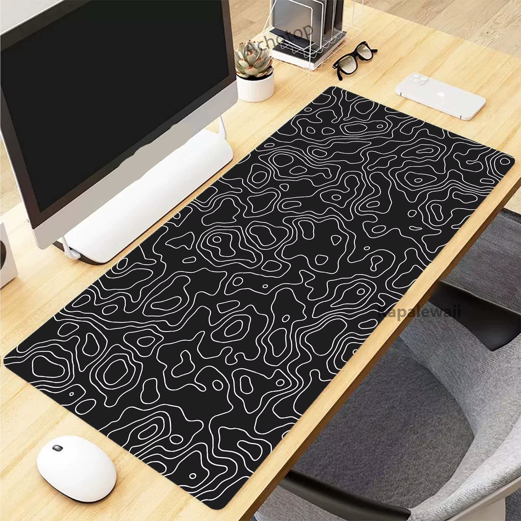 Black and White Topographic Map Art Mouse Pad XXL Mousepad Rubber Keyboard Pads Gaming Setup Accessories Mouse Mat 900X400Mm